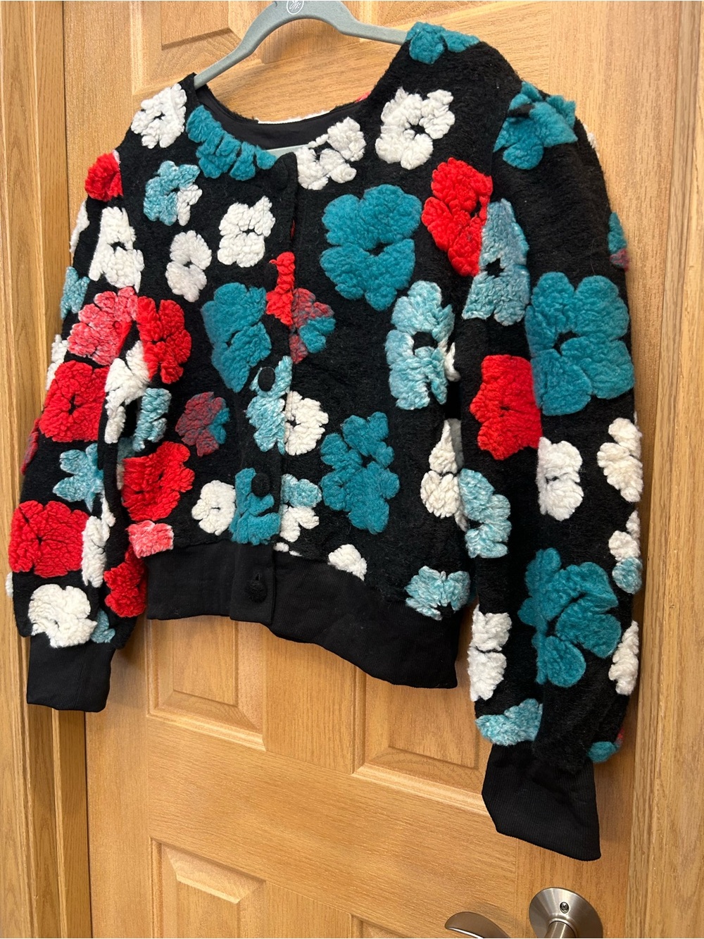 Black Thick Floral Crewneck Sweater Jacket with Red, Teal & White Women’s Medium
